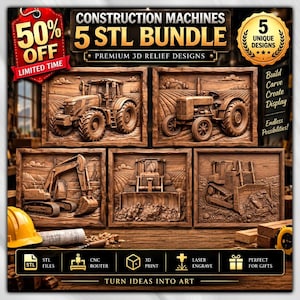Pode incluir: Um pacote digital de cinco designs em relevo 3D apresentando máquinas de construção, incluindo tratores, uma escavadeira e bulldozers. A imagem exibe painéis com estilo de madeira esculpida, um capacete amarelo e o texto 50% OFF e 5 STL BUNDLE.