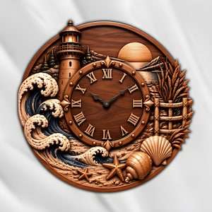 Lighthouse Coastal Clock 3D Relief STL | Ocean Waves Seashell Wood Carving | CNC Router File | 3D Print Laser Engrave | Kitchen Wall Decor