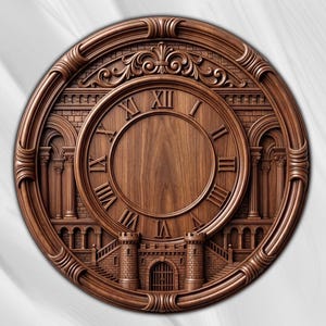 May include: A circular wooden wall clock featuring a rich brown finish and intricate carvings. The clock face displays Roman numerals around a central wood grain panel, surrounded by architectural details including columns, arches, and a castle gate.