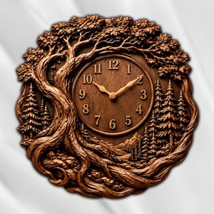 May include: A round wall clock carved from dark brown wood featuring a detailed relief of a large tree with sprawling roots and branches. The clock face displays standard Arabic numerals from 1 to 12 and two wooden hands in the center.