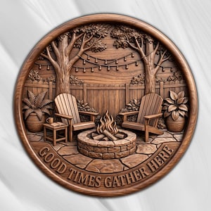 Peut inclure: Une plaque murale circulaire en bois sculpté représentant une scène extérieure avec deux chaises, un foyer en pierre, des plantes en pot et des guirlandes lumineuses. Le texte GOOD TIMES GATHER HERE est gravé sur le bord inférieur.