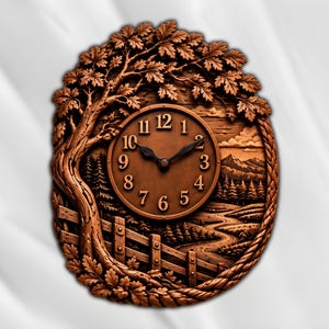 May include: An oval wall clock featuring a carved wood-look finish with a central circular clock face displaying black Arabic numerals and hands. The frame depicts a detailed landscape with a large tree, a wooden fence, and mountains.