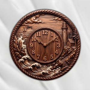 May include: A round wooden wall clock featuring a carved relief of a coastal scene with a lighthouse, a small house, and crashing waves. The clock face has dark brown wooden numerals from 1 to 12 and a rope-textured border frame.