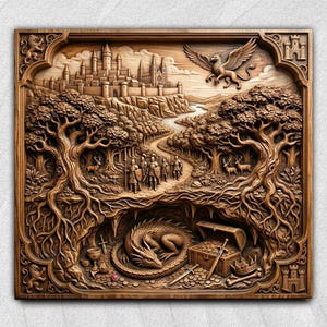 Fantasy Dragon Relief STL för CNC | Medeltida kungarike Träsniderifil | Väggkonst med slottsskatt | 3D STL-modell | CNC-fräs Träsnideri