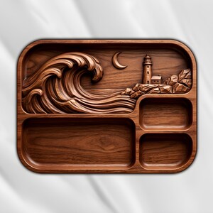 Ocean Wave Valet Tray 3D Relief STL | Lighthouse Coastal Wood Carving | CNC Router Digital File | kitchen Serving Dish | Platter decorative
