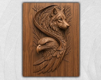 Eagle Wolf Harmony Design 3D Relief STL File CNC Router Carving Wildlife Wall Decor Feather Fur Artwork Digital Download Model