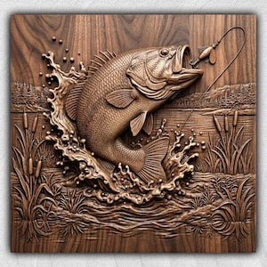 May include: A square wooden wall plaque featuring a detailed relief carving of a largemouth bass jumping out of water. The scene includes cattails, ripples, and a fishing lure attached to a line near the fish's open mouth, all in brown wood.