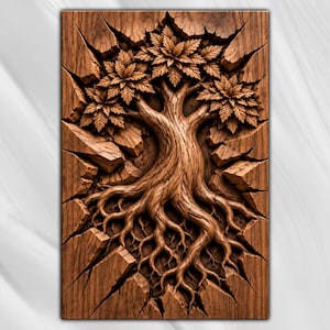 Può includere: Una placca da parete rettangolare in legno con un intaglio ad alto rilievo di un albero con radici complesse e rami frondosi. L'albero sembra emergere da una superficie incrinata e strutturata, mostrando venature del legno marrone.