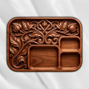 Floral Scrollwork Valet Tray 3D Relief STL | Ornamental Flower Wood Carving | CNC Router Digital File | Desk organizer | Kitchen Decor