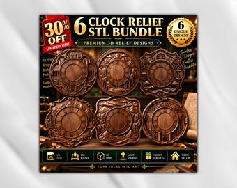 May include: A digital collection of 6 clock relief STL files for 3D printing, CNC routing, and laser engraving. The image displays six distinct circular and square wooden-textured clock designs with Roman numerals, labeled as a 3D relief bundle.