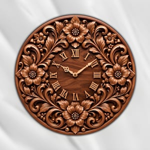 May include: A circular wooden wall clock featuring intricate floral carvings and scrolling leaf patterns. The clock face displays Roman numerals and two ornate hands, all rendered in a warm, medium-brown wood tone with a smooth finish.