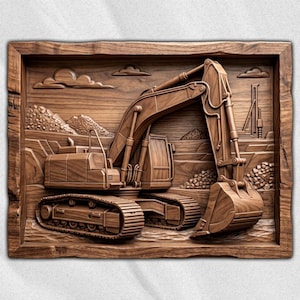 Puede incluir: Una pieza de arte mural rectangular de madera con una talla en relieve detallada de una excavadora de orugas en una obra. La escena incluye montones de tierra, nubes en el cielo y una plataforma de perforación al fondo, todo en madera marrón.