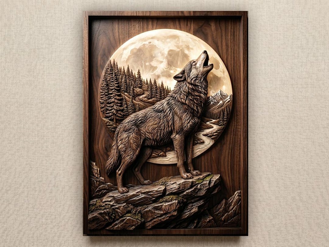 Howling Wolf 3D Relief STL for CNC, Wood Carving File, Moon Forest ...