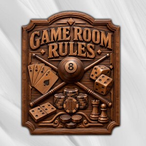 May include: A rectangular wooden wall plaque featuring the carved text GAME ROOM RULES. The design includes a central 8-ball, crossed billiard cues, a hand of playing cards, two dice, stacks of poker chips, a domino, and two chess pieces.