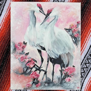 Original 16x20” Acrylic Painting “Lovers” - Two Sandhill Crane Birds Surrounded by Pink Roses and a Hazy Background | Abstract Canvas Art
