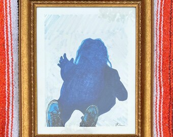 Original 11x14” Pen and Marker Illustration on Bristol Paper with a 14.5x17.5” Golden Frame “Out of Reach” - Blue Figure Reaching for Shadow