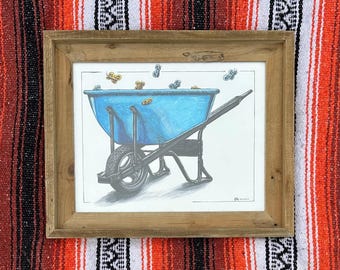 Original 14x11” Pen and Marker Illustration on Bristol Paper with a 17x14” Wooden Frame “Full of Hope” - Blue Wheelbarrow with 8 Butterflies