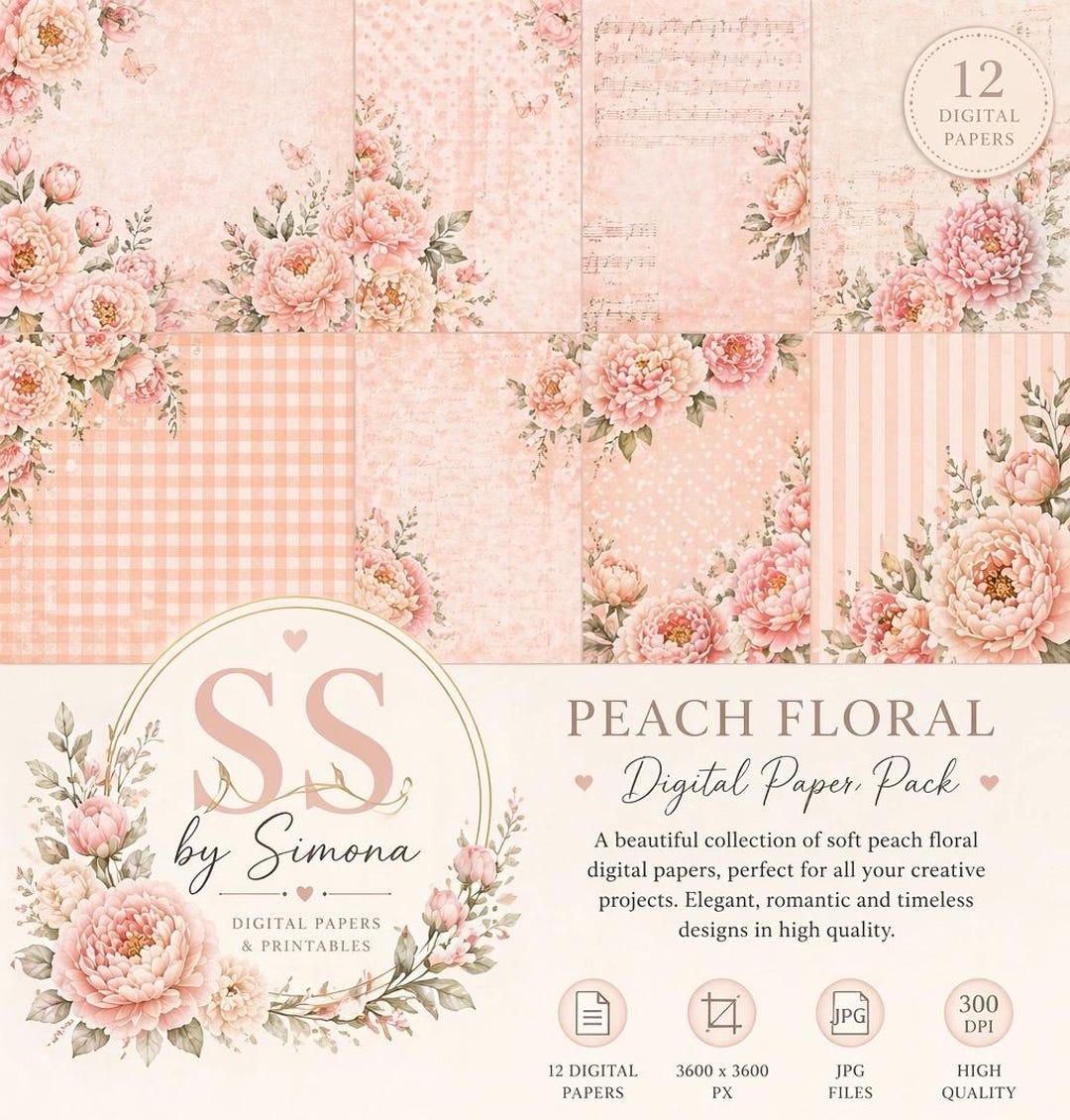 Peach Floral Digital Paper Pack, Shabby Chic Seamless Patterns (instant ...