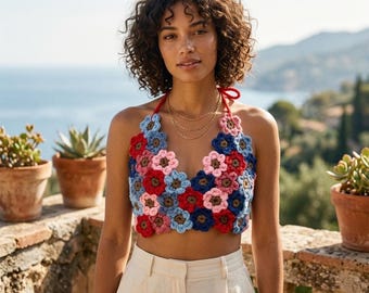 Handmade Floral Crochet Bralette Top, 3D Flower Halter, Boho Summer Knit Festival Wear