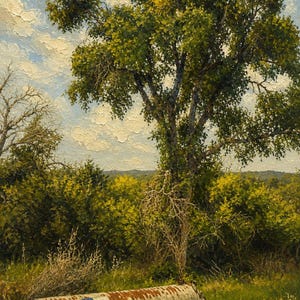 Könnte beinhalten: Ölgemälde einer Landschaft mit einem großen Baum mit grünen Blättern und einem blauen Himmel mit weißen Wolken. Ein verrostetes Metallobjekt mit einer Texas-Flagge liegt im Vordergrund im Gras.