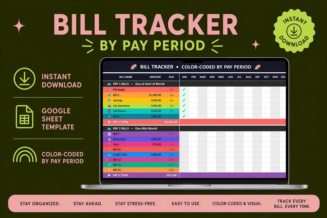 Bill Tracker Excel Spreadsheet | Visual Budget Planner for Paycheck ...