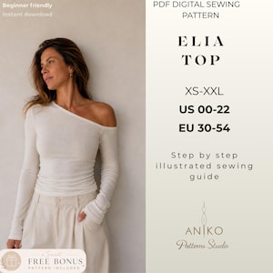 One Shoulder Top PDF Sewing Pattern, Asymmetrical Long Sleeve Knit Shirt, Y2K Off Shoulder Top Pattern, Women’s Sizes XS–XXL