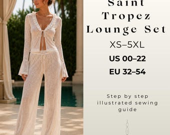 Sheer Lace Lounge Set Sewing Pattern PDF, Beach Cover Up Pattern, Mesh Two Piece Set, Bell Sleeve Top & Pants, XS-5XL, A4 A0