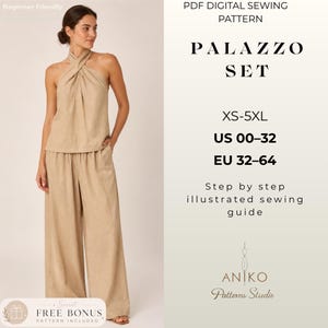May include: A PDF digital sewing pattern for a palazzo set in sizes XS-5XL, US 00-32, and EU 32-64. The set includes a sleeveless halter top with a twisted neckline and wide-leg trousers in a solid beige color, featuring a step-by-step guide.