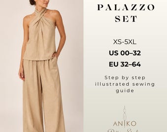 Palazzo Pants Set PDF Sewing Pattern | Cross Front Halter Top & Wide Leg Pants | XS-5XL Instant Download