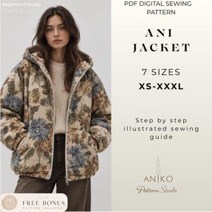 Puede incluir: Un patrón de costura digital en PDF para la chaqueta Ani, que presenta una chaqueta beige con capucha y un estampado floral azul y marrón. El patrón incluye 7 tallas de la XS a la XXXL, una guía de costura ilustrada paso a paso y un patrón extra.