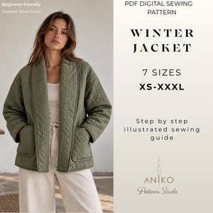 Quilted Jacket Sewing Pattern PDF, Women’s Open Front Winter Coat with Shawl Collar and Patch Pockets, XS–XXXL, A4 А0