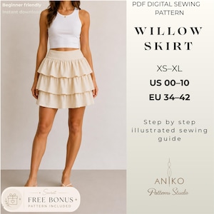May include: A PDF digital sewing pattern for a Willow Skirt, featuring sizes XS-XL, US 00-10, and EU 34-42. The pattern includes a step-by-step illustrated sewing guide and a free bonus pattern. The skirt is cream-colored with three tiered ruffles.