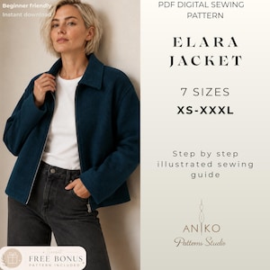 May include: A PDF digital sewing pattern for the Elara Jacket, available in 7 sizes from XS to XXXL. The document includes a step-by-step illustrated sewing guide and a free bonus pattern. The jacket is dark teal with a collar and front zipper.