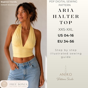 Halterneck Crop Top Sewing Pattern PDF, Tie Back Bralette Top, Backless Summer Top Pattern,Beginner Friendly Digital Download,US Sizes 4 –16