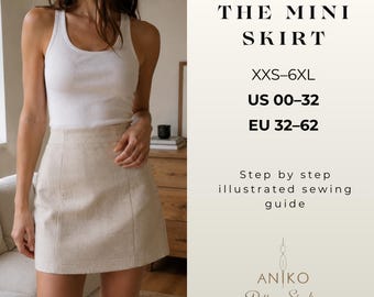 Mini Skirt Sewing Pattern PDF, A-Line Front Pleat Skirt, Easy Beginner Summer Skirt Pattern, US 00-32, A0 A4 Letter