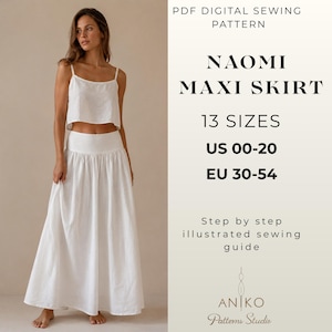 May include: A woman wearing a white crop top and maxi skirt. The image includes text that reads "NAOMI MAXI SKIRT" and "US 00-20". The pattern is a PDF digital sewing pattern with 13 sizes and an illustrated sewing guide.