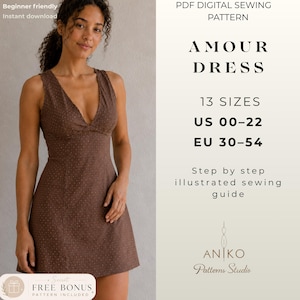 May include: A brown sleeveless dress with a subtle white dot pattern, featuring a V-neckline and a fitted bodice. The text reads: PDF DIGITAL SEWING PATTERN AMOUR DRESS 13 SIZES US 00-22 EU 30-54 Step by step illustrated sewing guide ANIKO Patterns Studio.
