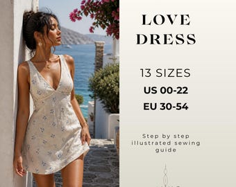 Love Dress Pattern PDF | Romantic Mini Dress Sewing Pattern | Elegant Feminine Dress | Easy Beginner Friendly | 13 Sizes US 00-22 EU 30-54