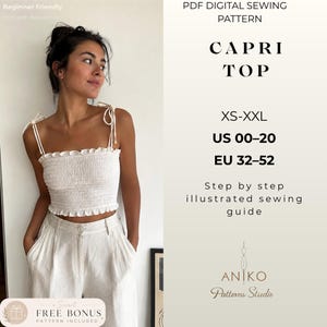 May include: A PDF digital sewing pattern for a Capri top in sizes XS-XXL, US 00-20, and EU 32-52. The pattern includes a step-by-step illustrated sewing guide from Aniko Patterns Studio. The top is white, sleeveless, and features a smocked bodice.