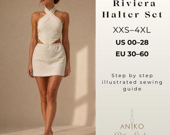 Halter Neck Top and Skirt Sewing Pattern PDF | Two Piece Linen Co-ord Set | Open Back | Beginner Friendly | Sizes XXS-4XL | Instant Download