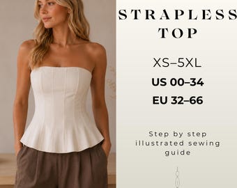 Strapless Basque Top Sewing Pattern PDF, Corset Peplum Top Pattern, Y2K Bustier Top, DIY Womens Tube Top XS-5XL
