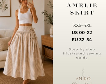 Wrap Skirt Sewing Pattern PDF | Tie Side Midi Skirt with Yoke | Gathered Skirt Sewing Pattern | Illustrated Sewing Tutorial | Sizes US 00–22