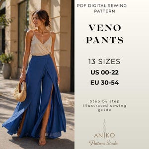 May include: A woman in a beige top and blue palazzo trousers with a high slit. The image includes text that reads "VENO PANTS" and "EU 30-54". The image is a PDF digital sewing pattern.