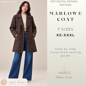 May include: A PDF digital sewing pattern for the Marlowe Coat, available in 7 sizes from XS to XXXL. The pattern includes a step-by-step illustrated sewing guide. The image displays a brown plaid coat, a cream top, and blue jeans.
