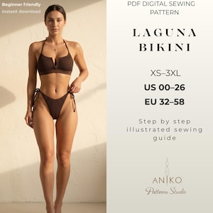 Naaipatroon bikini pdf, patroon bikini halter, bikinipatroon gestrikte zijkant, naaipatroon badpak voor beginners, patroon bikinitop, VS 00-26
