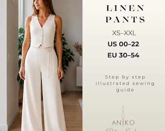 Palazzo Trouser Pattern PDF, Wide Leg Yoke Pants Pattern, Women's Sewing Tutorial, Linen Pants Sewing Pattern, Sizes US 00-22