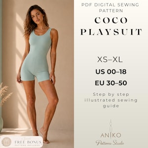 Coco Playsuit Schnittmuster Pdf, ausgestatteter Ganzanzug Strampelanzug Schnittmuster, Activewear Bodysuit, Yoga Jumpsuit Schnittmuster XS-XL