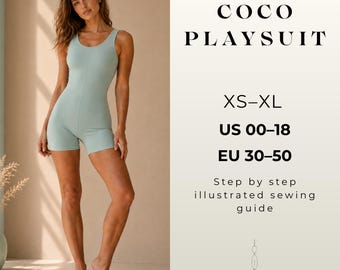 Coco Playsuit Sewing Pattern Pdf, Fitted Unitard Romper Pattern, Activewear Bodysuit, Yoga Jumpsuit Sewing Pattern XS-XL