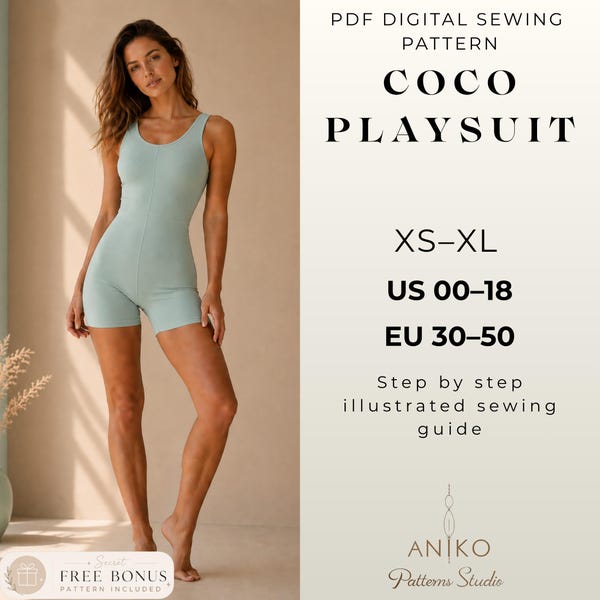 Coco Playsuit Sewing Pattern Pdf, Fitted Unitard Romper Pattern, Activewear Bodysuit, Yoga Jumpsuit Sewing Pattern XS-XL
