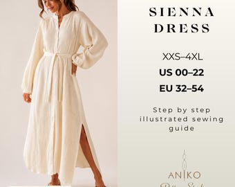 Shirt Dress Sewing Pattern PDF, Maxi Dress Pattern, French Boho Dress, Raglan Sleeve Dress, Button Front Dress, Pockets, XXS-4XL,  US 00-22